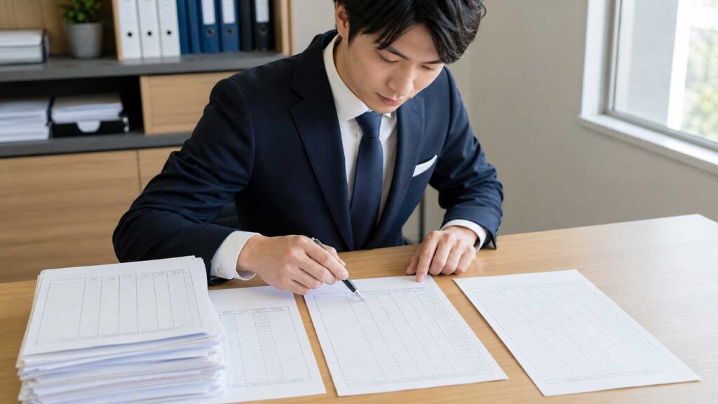 A businessperson in a navy suit signs documents at a wooden desk with a stack of papers nearby in a bright office.