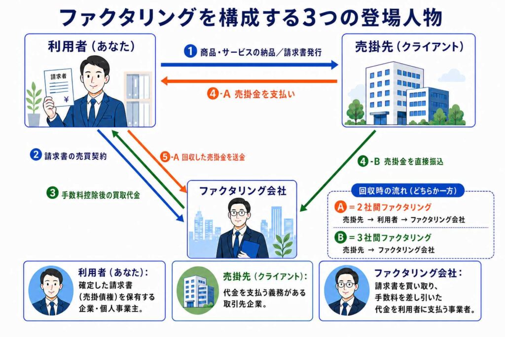 ファクタリングの3者関係を図解。利用者（あなた）左、売掛先（クライアント）右、ファクタリング会社が下部中央へ流れを矢印で説明。