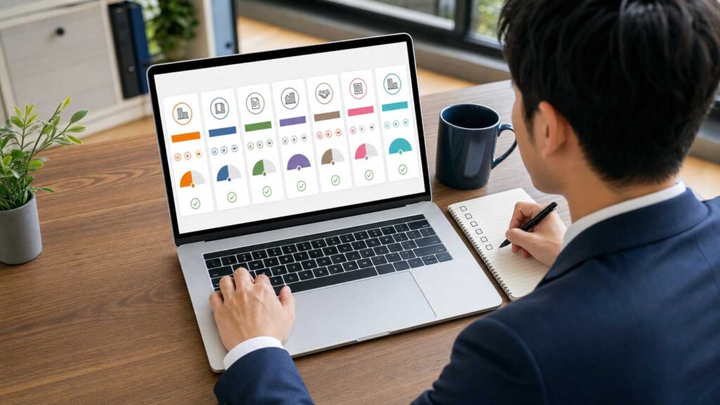Businessperson in a suit works at a desk, laptop shows colorful dashboards while taking notes in a notebook.