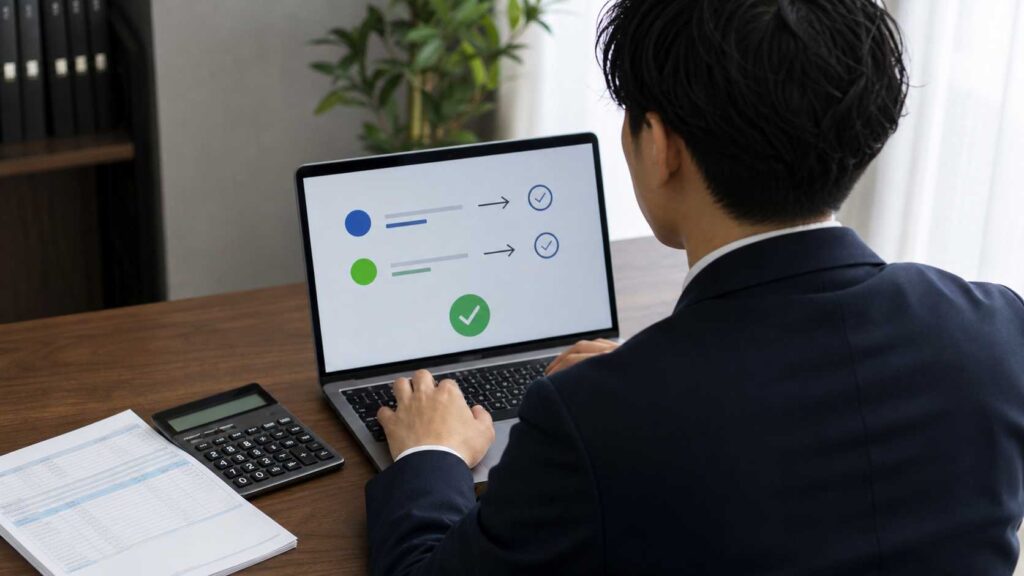 Man in a dark suit typing on a laptop displaying a three-step checklist with green and blue circles and checkmarks, on a wooden desk with a calculator and papers nearby.