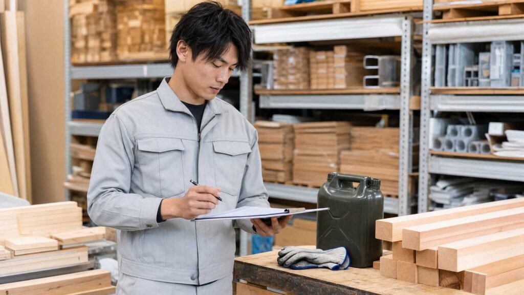 Man in a gray work jumpsuit writes on a clipboard in a woodshop, surrounded by lumber and metal shelving.