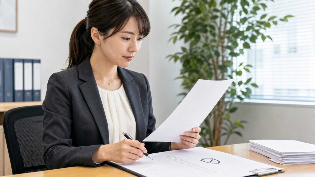 Asian woman in a dark blazer signs a document at a wooden desk in a bright office, with a large plant in the background and a stack of papers nearby.