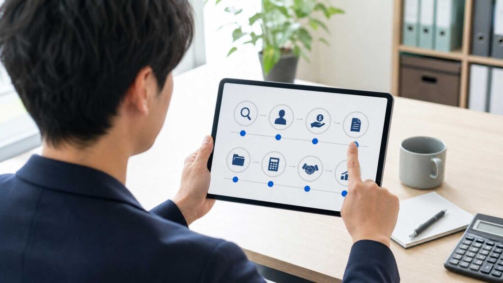 Person holding a tablet displaying a multi-step business process flow with icons and connecting dots.