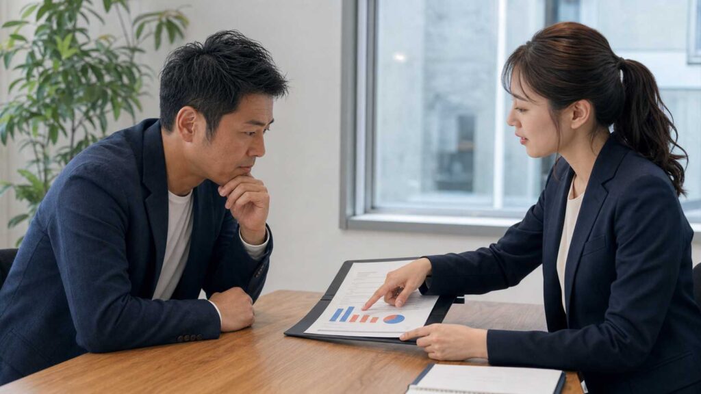 Two professionals in business attire sit at a table; the woman points to a chart in a binder as the man listens thoughtfully.",