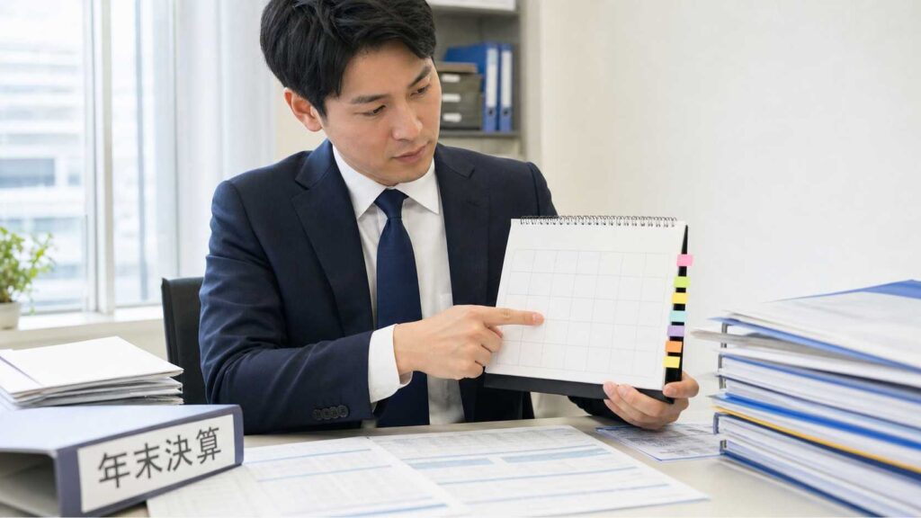 Businessperson in a navy suit sits at a desk, pointing to a spiral-bound calendar with color-coded tabs.