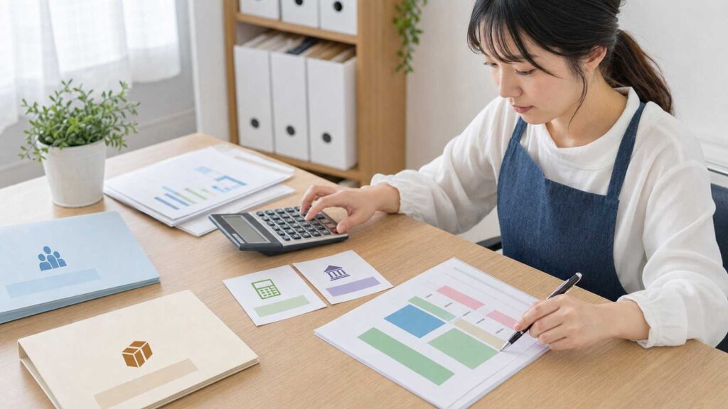 Woman in a white shirt and blue apron uses a calculator while reviewing colorful expense charts on a wooden desk with folders and plants nearby.