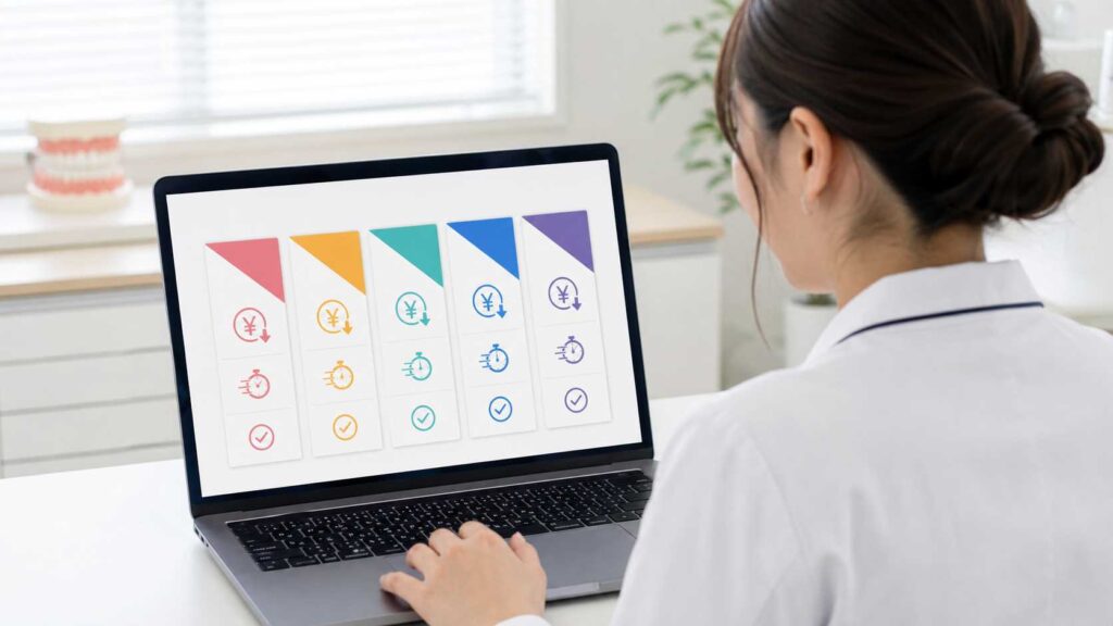 Person in a white shirt uses a laptop displaying a row of colorful, checkmarked cards on the screen.