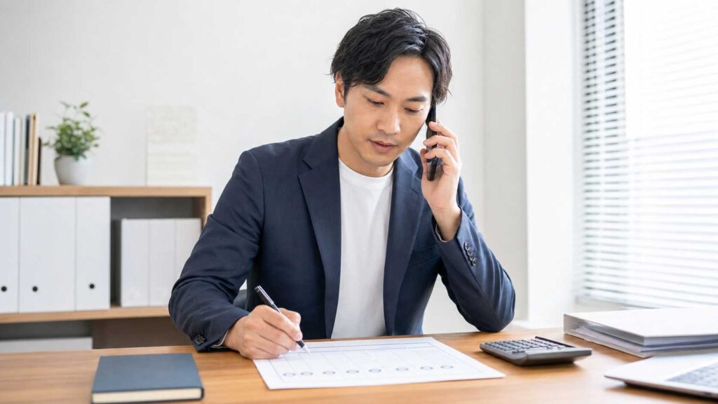 Professional man in a navy blazer sits at a desk, talking on a smartphone while drafting documents with a pen.