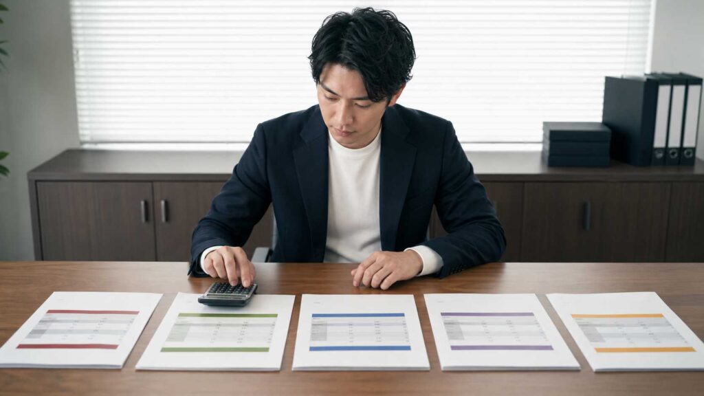 Man in a blazer at a desk uses a calculator while reviewing color-coded reports laid out on the table, in an office setting.
