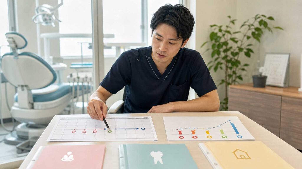 Dentist in navy scrubs sits at a desk reviewing dental charts and graphs in a bright clinic.