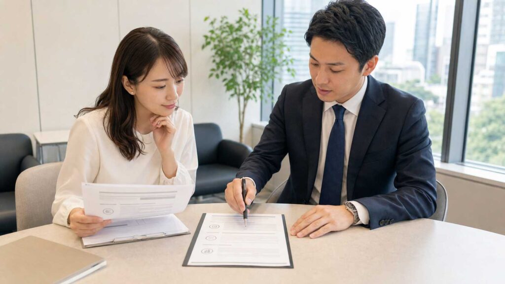 Businesswoman and man reviewing and signing documents at a desk in a bright office setting.