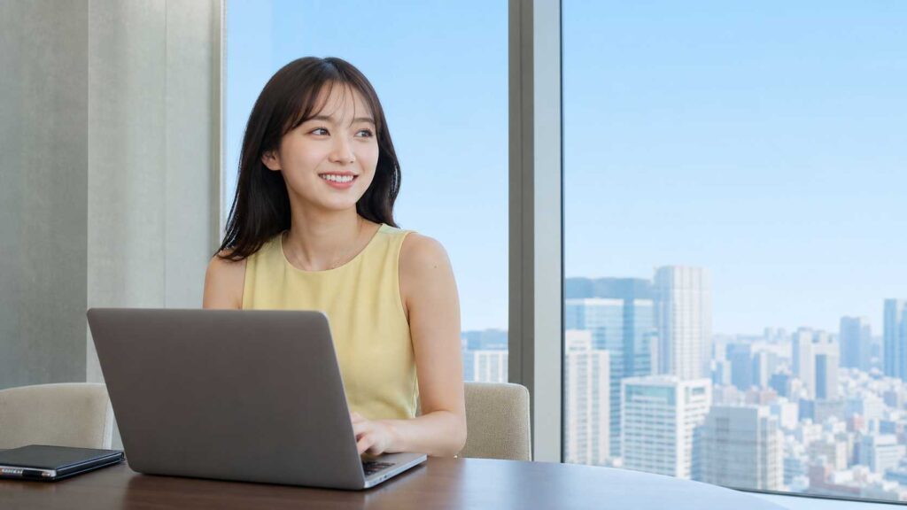 Smiling woman in a yellow sleeveless top typing on a laptop at a desk by a large window with a city skyline outside.