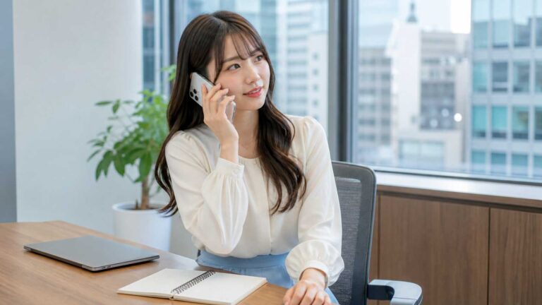 Woman in a white blouse sits at a desk in a modern office, talking on her cellphone with a notepad and laptop nearby.