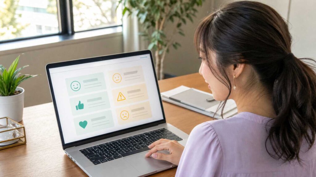Woman at a wooden desk using a laptop displaying a survey dashboard with emoji and icon cards.