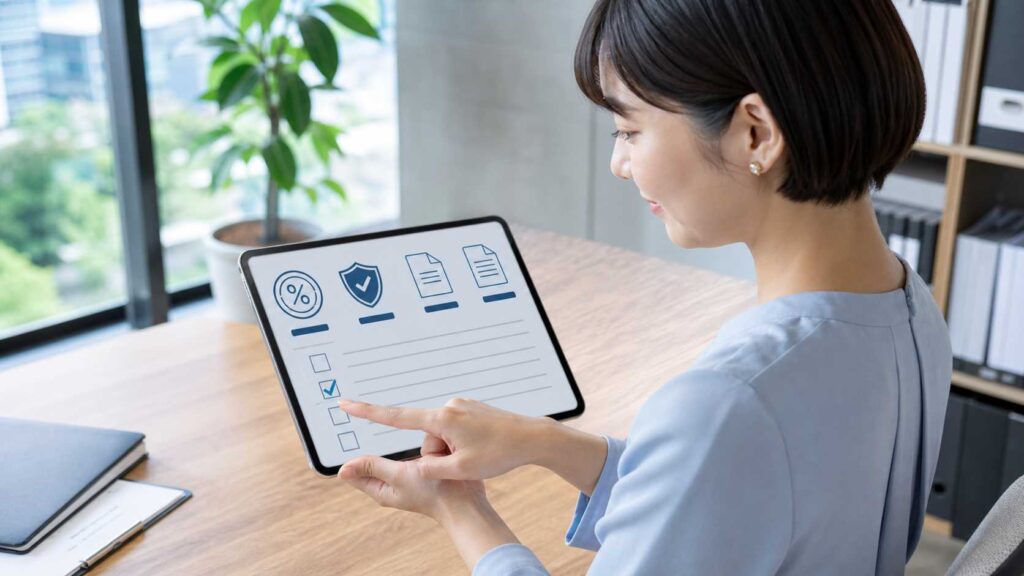 Woman in a blue blouse uses a tablet to check off items on a digital checklist in an office setting