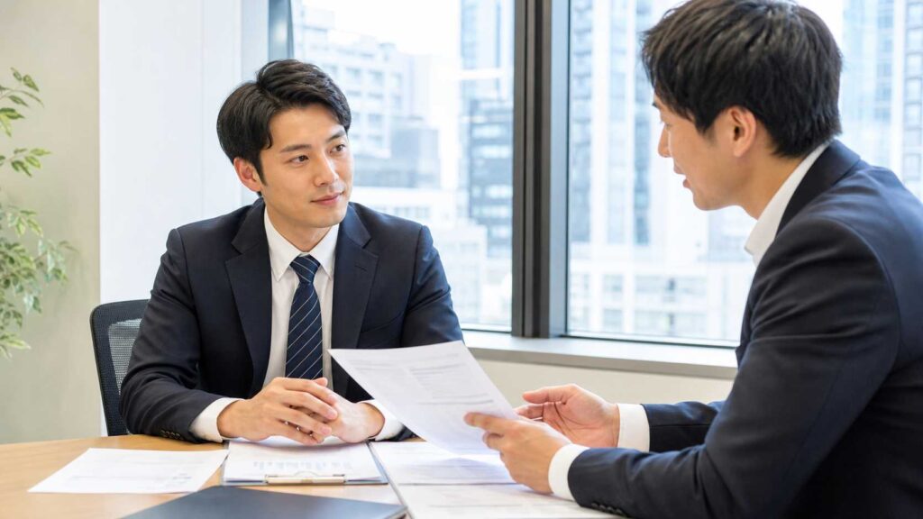 Two businessmen in suits sit at a desk in a bright office, one listening while the other shows a document.",
