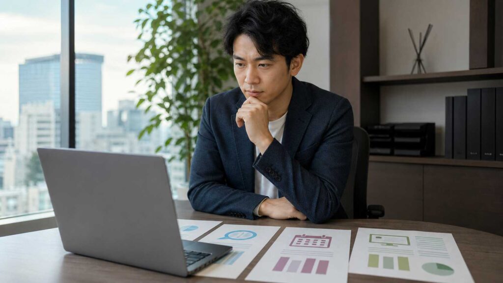 Businessman in a dark blazer sits at a desk with a laptop and printed charts, contemplating data.