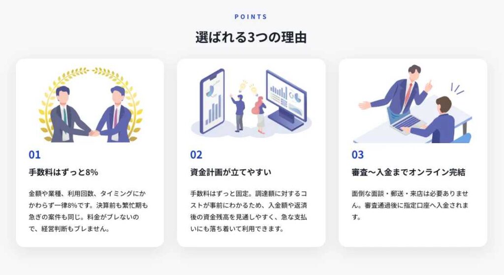 選ばれる3つの理由を示す3つのカード（01〜03）と各イラスト。