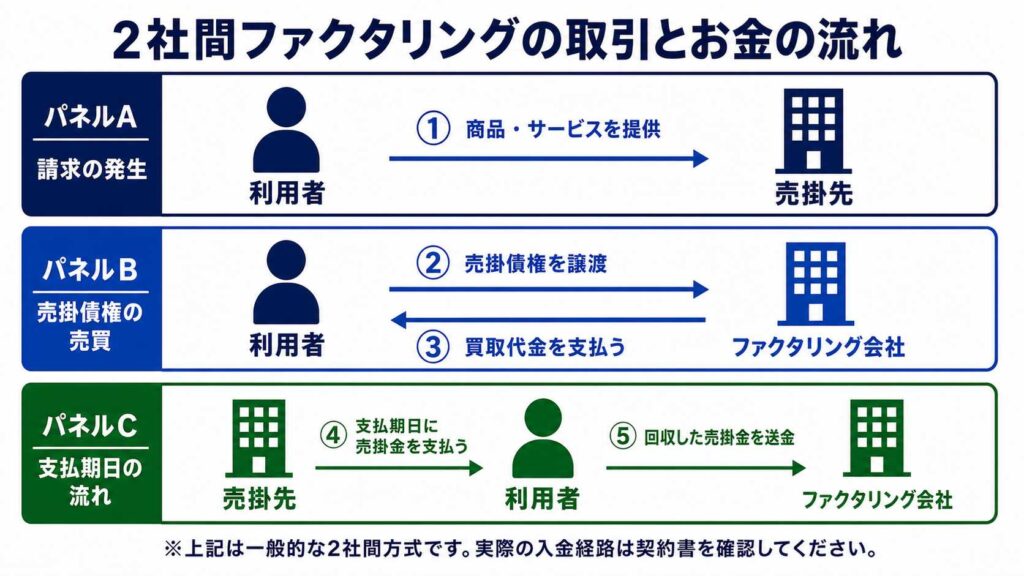 2社間ファクタリングの全体図。PanelAで利用者が商品・サービスを提供し売掛先へ請求する流れを示す。