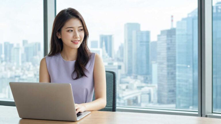 Asian woman in a lavender sleeveless top sits at a desk using a silver laptop, with a city skyline visible through large office windows behind her.