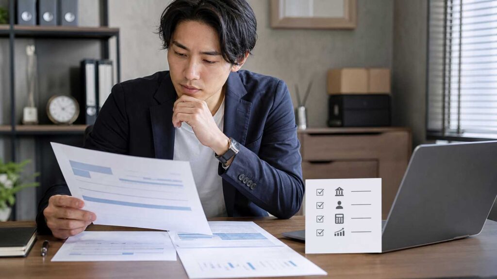 Man in a dark blazer reviews documents at his desk, with a laptop and a checklist card nearby.