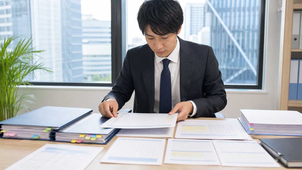 Businessman in a dark suit reviews documents at a cluttered desk with stacks of folders in an office setting with a city skyline visible through the window.