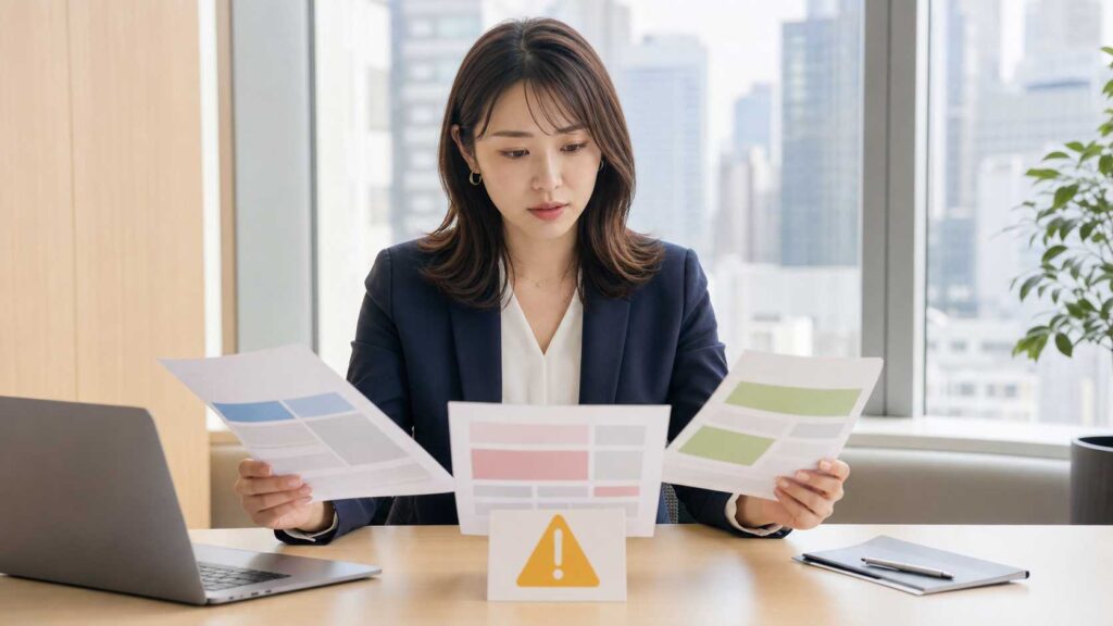 Businesswoman in a navy blazer reads multiple color-printed documents at a desk by a window, with a yellow warning sign in front.