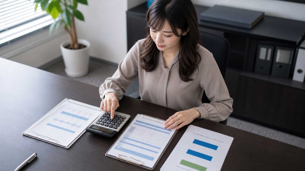 Professional woman at a dark desk uses a calculator, reviewing financial documents and charts.