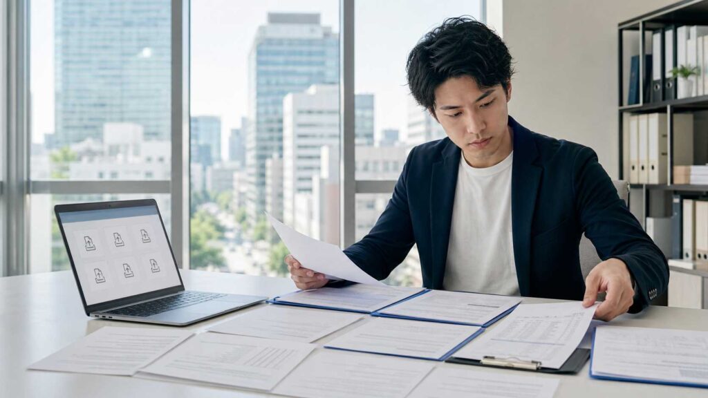Man in a navy blazer reviews documents at a bright office desk, with a laptop and city skyline visible through large windows in the background.