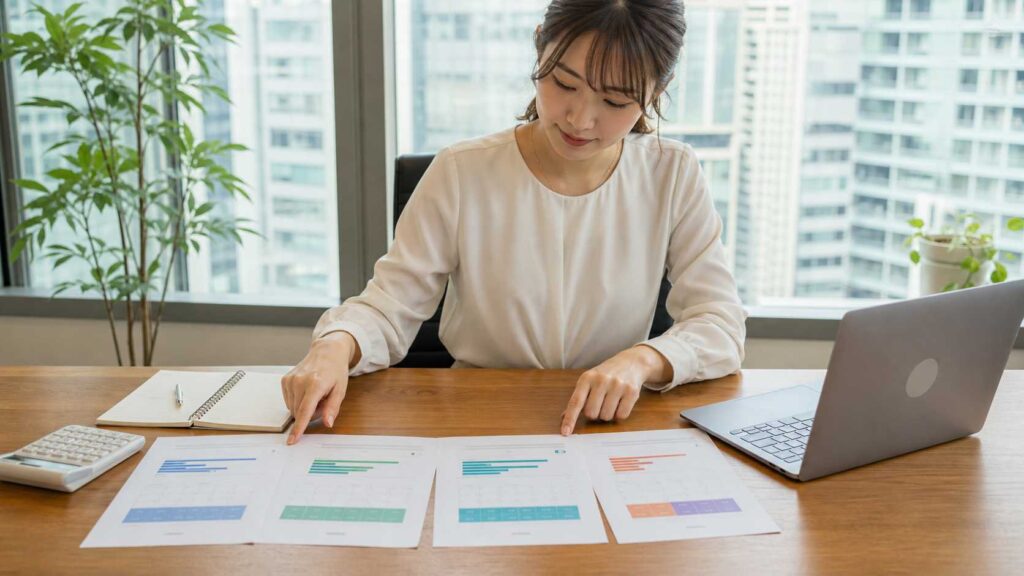 Woman in a white blouse sits at a wooden desk, reviewing colorful charts and reports with a laptop nearby.