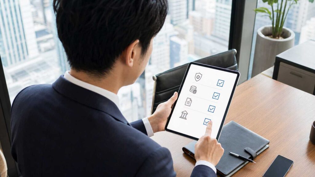 Man in a suit reviews a digital five-item checklist on a tablet in a high-rise office.