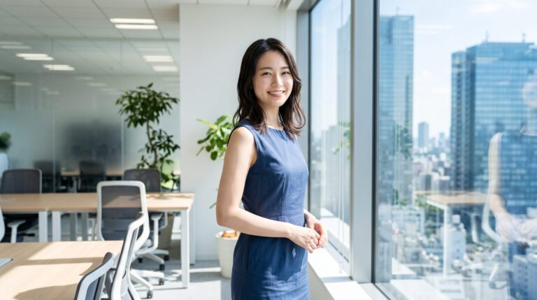 Smiling woman in a navy blue dress stands by a large office window with a city skyline outside.