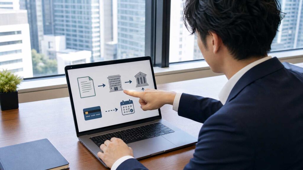 ECサイト運営者が売掛金の入金予定と資金繰りを確認する様子