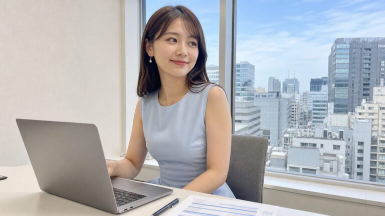 Woman in a light blue sleeveless dress sits at a desk with a silver laptop, looking out over a city skyline.