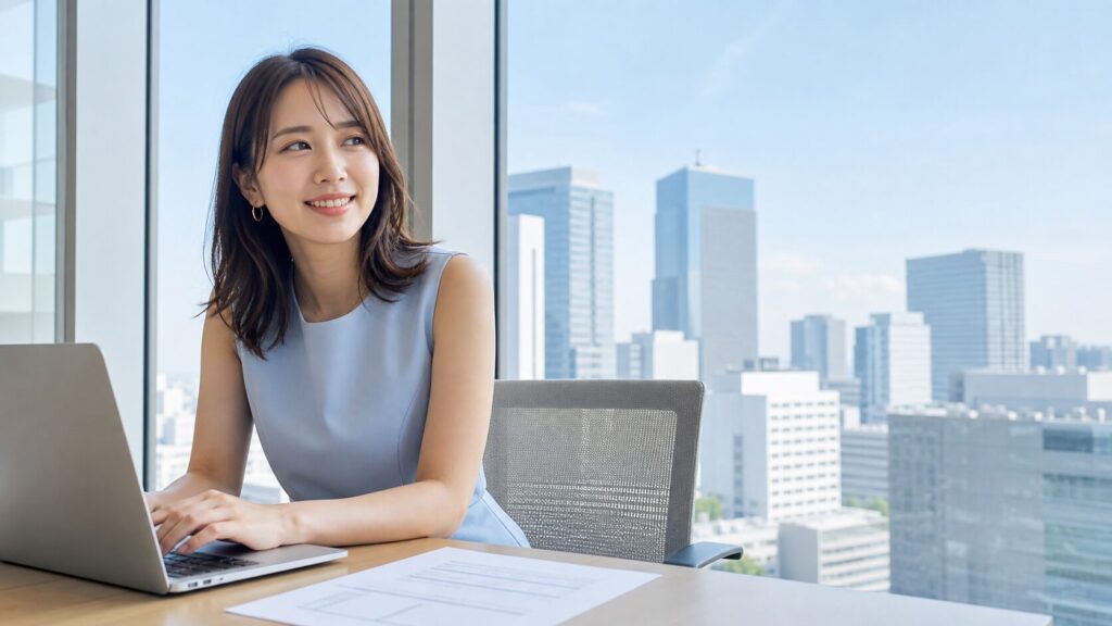 Smiling woman working on a laptop at a desk by a large window with a city skyline outside.