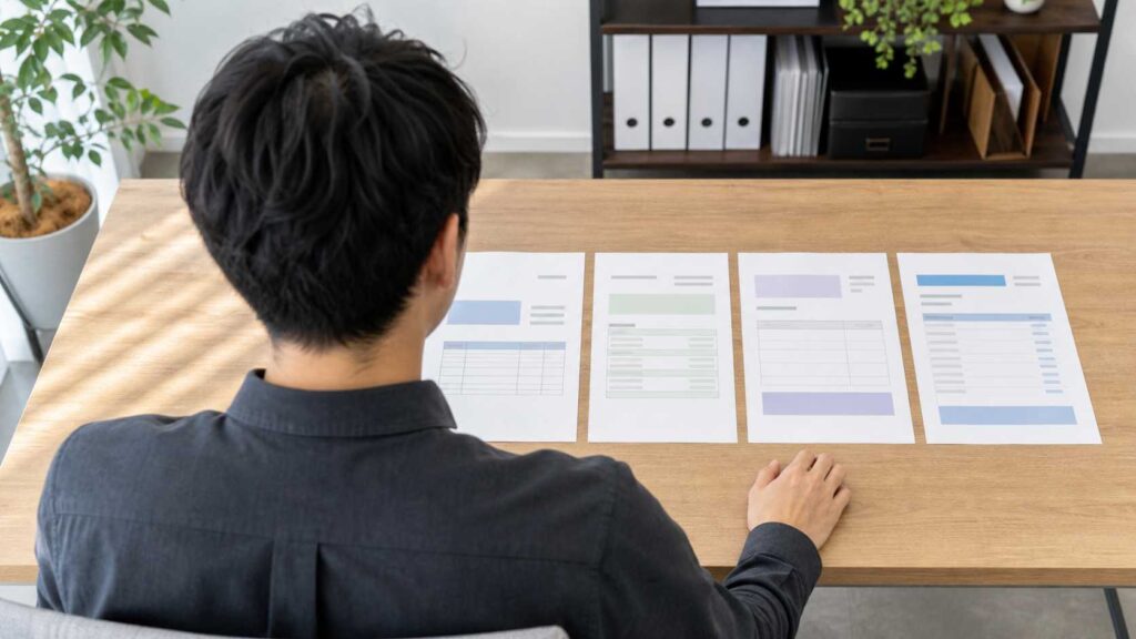 Back view of a person in a dark shirt seated at a wooden table, reviewing five printed documents with charts and tables.