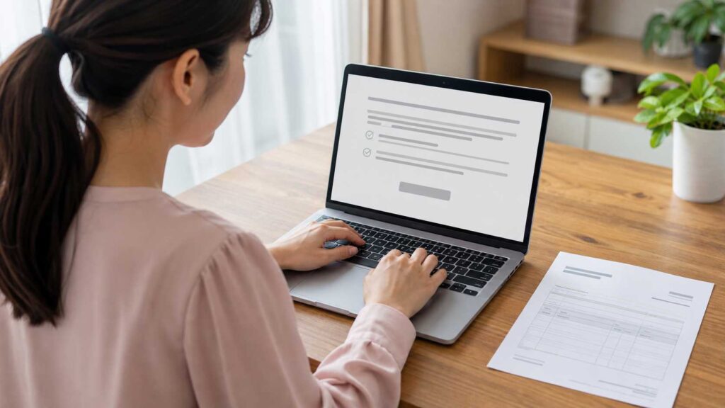 Person typing on a laptop at a wooden desk, screen shows a multi-section online form with checkmarks and a submit button, a printed form lies nearby.