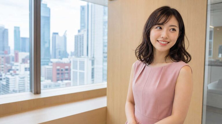 Smiling woman in a pink sleeveless dress stands in a modern office beside a wooden wall, with a city skyline visible through large windows.