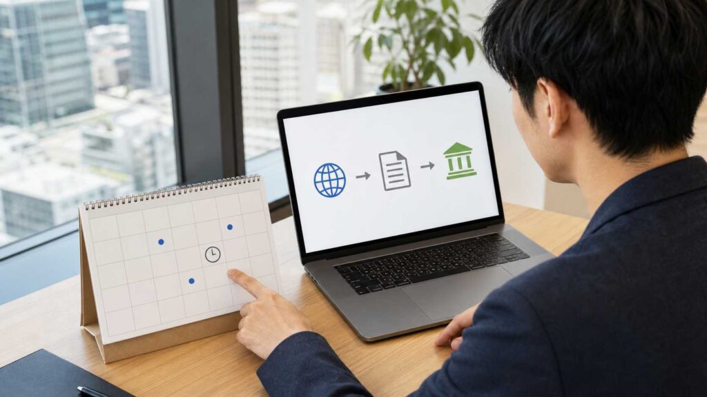 Person at a desk points to a calendar while a clock is shown, and a laptop screen displays a globe → document → bank workflow icons.