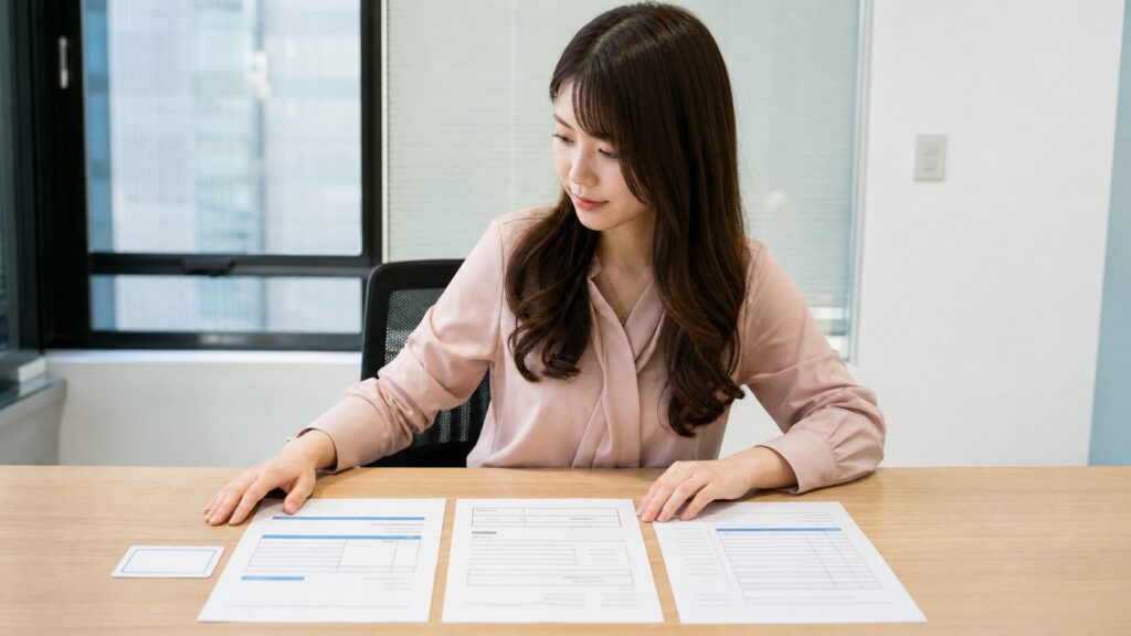 A woman sits at a desk reviewing several forms spread out in front of her in an office setting.