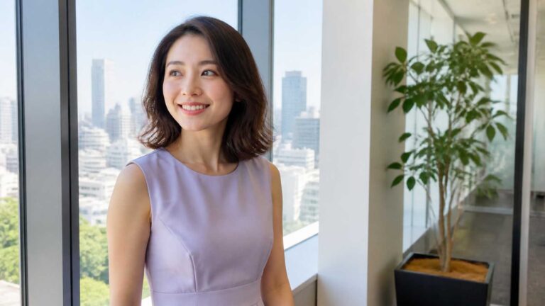 Smiling woman in a lavender sleeveless dress stands by large office windows with a cityscape in the background, plants nearby. Rapport-rich professional setting.