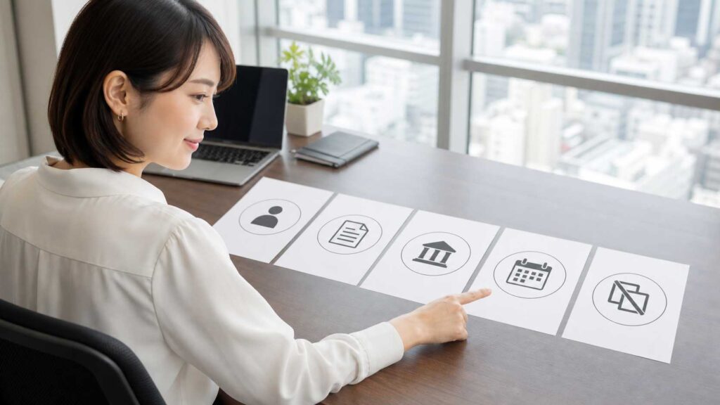 Side view of a woman at a desk, placing five paper cards with icons: user, document, government building, calendar, and a crossed-out symbol on the last card.