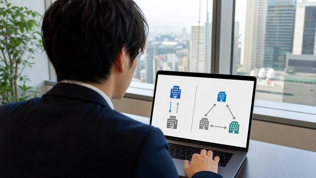 Businessperson in a suit studies a laptop diagram showing blue and gray buildings connected by arrows in a bright office with a city view