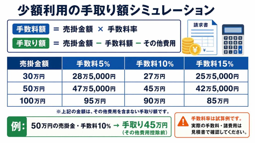 少額利用の手取り額シミュレーションの表。売掛金額ごとに手数料5％・10％・15％の手取り額を比較。