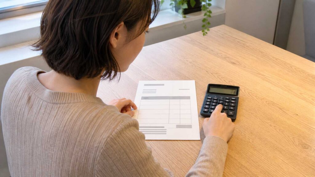 Person seated at a wooden table, using a calculator beside a printed form or worksheet on the desk, with hands active on the calculator.