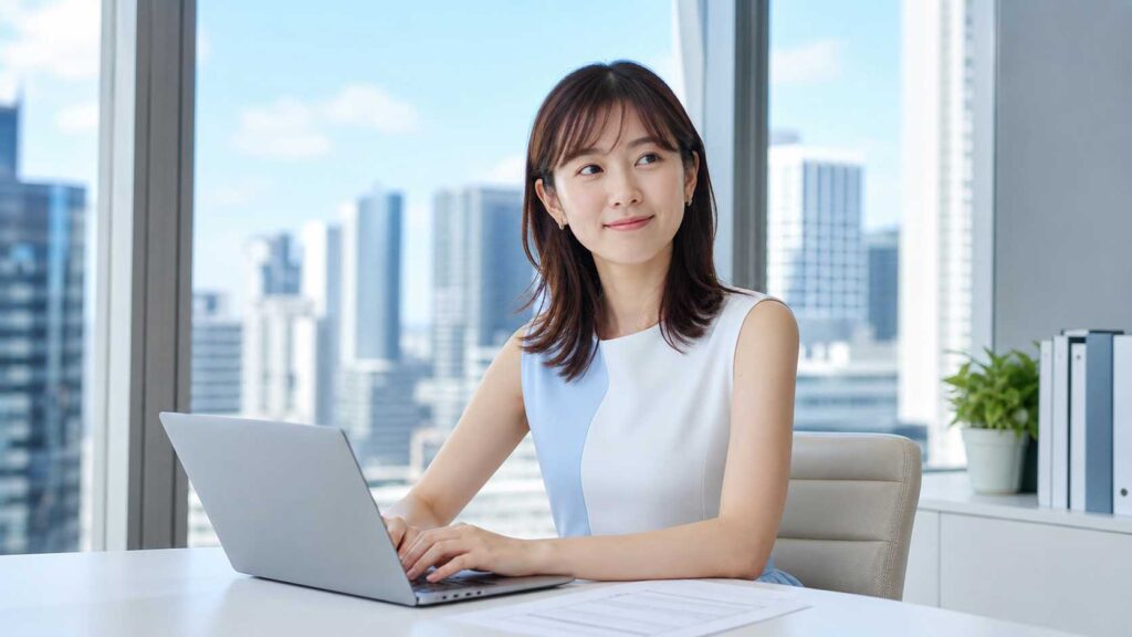 Woman in a sleeveless dress typing on a laptop at a bright office desk with a city skyline outside the window