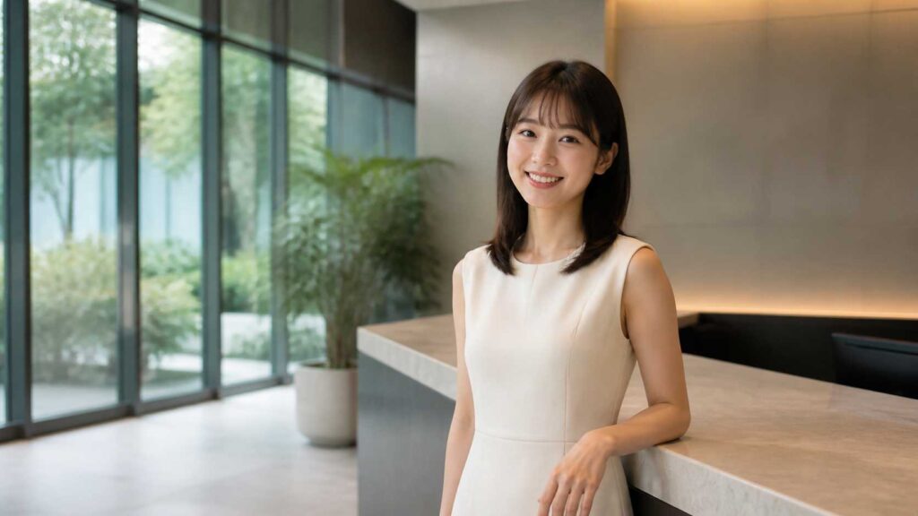 Smiling woman in a sleeveless cream dress leaning on a marble reception counter in a bright, modern lobby.