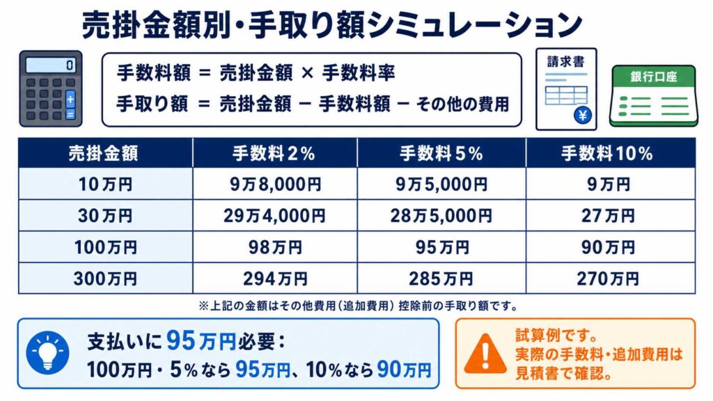売掛金額と手数料率で手数料を計算する表の説明イラスト（手数料2％・5％・10％の例と金額リスト付き）