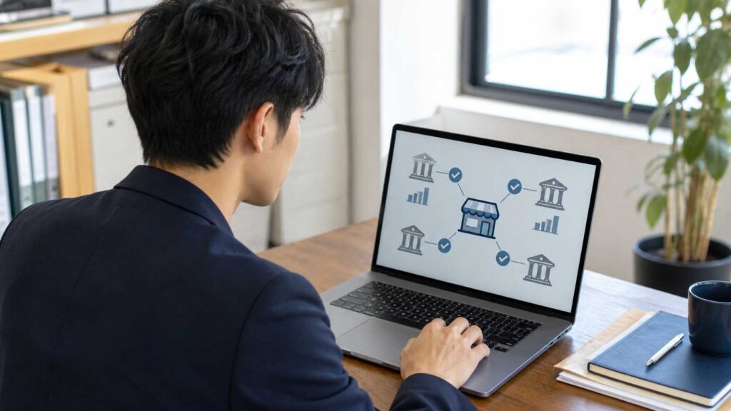 Businessperson in a blazer typing on a laptop displaying a central storefront connected to banks by lines and nodes.
