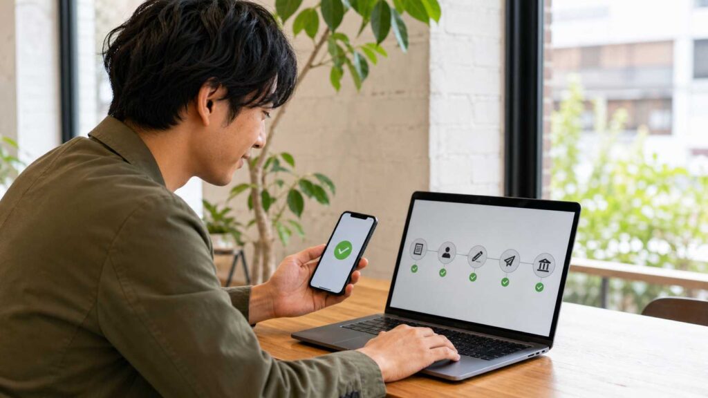 ECサイト運営者が契約書でノンリコース条項を確認するイメージ